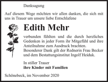 Traueranzeige von Edith Mehr  von Magdeburger Volksstimme