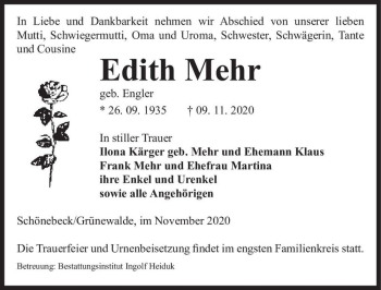 Traueranzeige von Edith Mehr (geb. Engler)  von Magdeburger Volksstimme