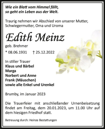 Traueranzeige von Edith Meinz (geb. Brehmer)  von Magdeburger Volksstimme
