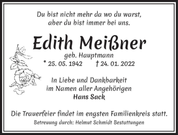 Traueranzeige von Edith Meißner (geb. Hauptmann)  von Magdeburger Volksstimme
