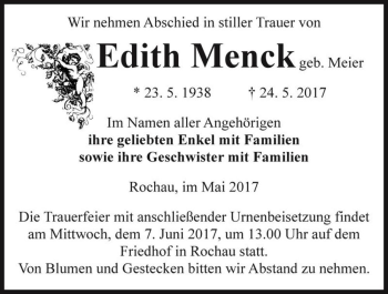 Traueranzeige von Edith Menck (geb. Meier)  von Magdeburger Volksstimme