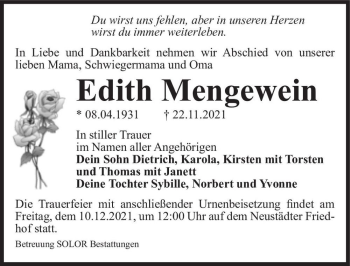 Traueranzeige von Edith Mengewein  von Magdeburger Volksstimme