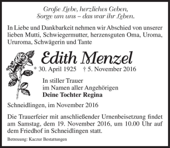 Traueranzeige von Edith Menzel  von Magdeburger Volksstimme