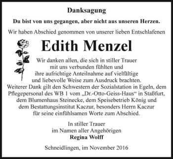 Traueranzeige von Edith Menzel  von Magdeburger Volksstimme
