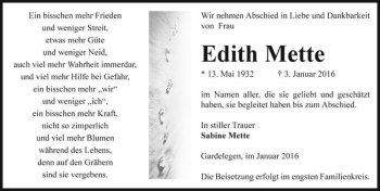 Traueranzeige von Edith Mette  von Magdeburger Volksstimme