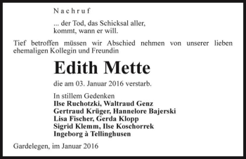 Traueranzeige von Edith Mette  von Magdeburger Volksstimme
