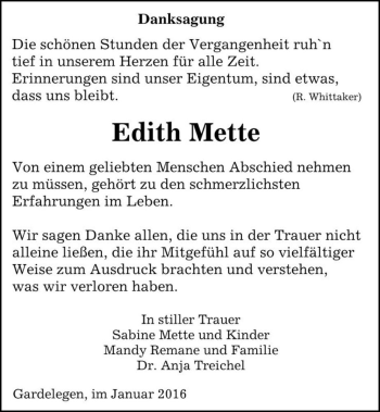 Traueranzeige von Edith Mette  von Magdeburger Volksstimme