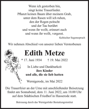 Traueranzeige von Edith Metze  von Magdeburger Volksstimme