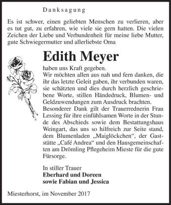 Traueranzeige von Edith Meyer  von Magdeburger Volksstimme