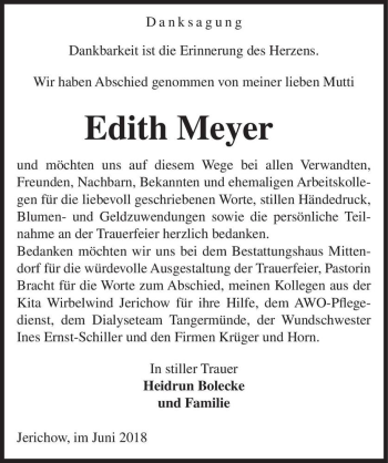Traueranzeige von Edith Meyer  von Magdeburger Volksstimme