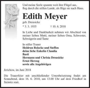 Traueranzeige von Edith Meyer (geb. Dreusicke)  von Magdeburger Volksstimme