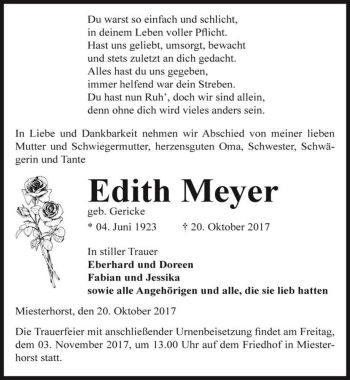 Traueranzeige von Edith Meyer (geb. Gericke)  von Magdeburger Volksstimme