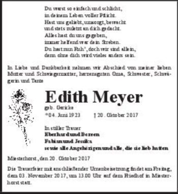 Traueranzeige von Edith Meyer (geb. Gericke)  von Magdeburger Volksstimme