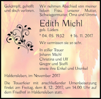 Traueranzeige von Edith Michl (geb. Lüders)  von Magdeburger Volksstimme