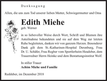 Traueranzeige von Edith Miehe (geb. Werner)  von Magdeburger Volksstimme