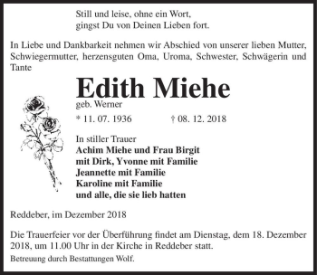 Traueranzeige von Edith Miehe (geb. Werner)  von Magdeburger Volksstimme