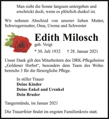 Traueranzeige von Edith Milosch (geb. Voigt)  von Magdeburger Volksstimme