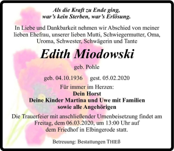 Traueranzeige von Edith Miodowski (geb. Pohle)  von Magdeburger Volksstimme