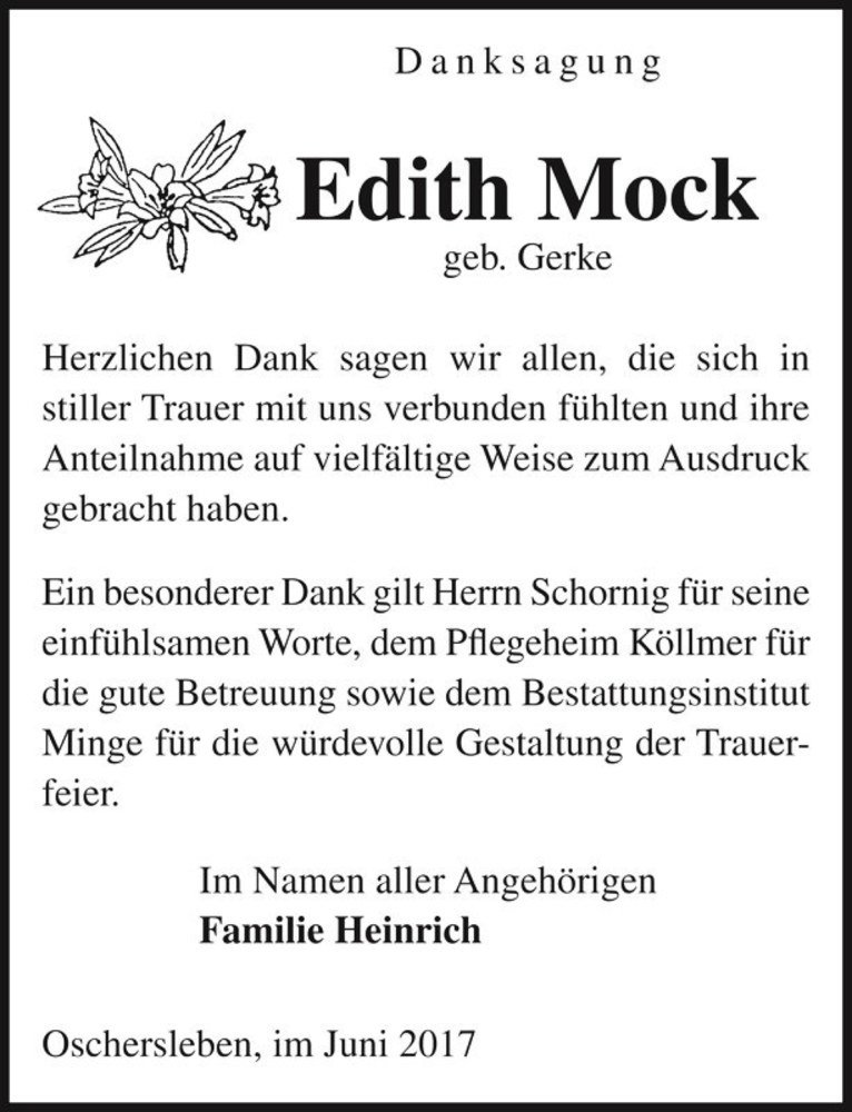  Traueranzeige für Edith Mock (geb. Gerke)  vom 10.06.2017 aus Magdeburger Volksstimme