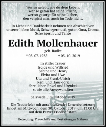 Traueranzeige von Edith Mollenhauer (geb. Radke)  von Magdeburger Volksstimme