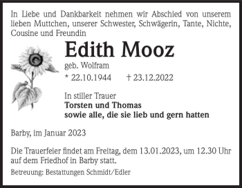 Traueranzeige von Edith Mooz (geb. Wolfram)  von Magdeburger Volksstimme
