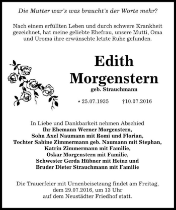 Traueranzeige von Edith Morgenstein (geb. Strauchmann)  von Magdeburger Volksstimme