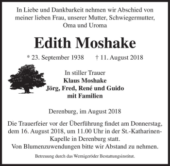 Traueranzeige von Edith Moshake  von Magdeburger Volksstimme