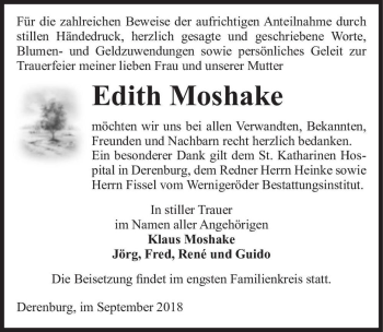 Traueranzeige von Edith Moshake  von Magdeburger Volksstimme