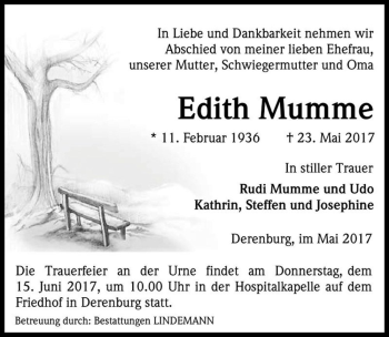 Traueranzeige von Edith Mumme  von Magdeburger Volksstimme
