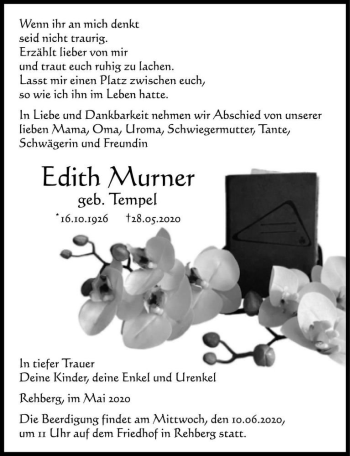 Traueranzeige von Edith Murner (geb. Tempel)  von Magdeburger Volksstimme