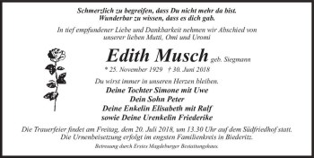 Traueranzeige von Edith Musch (geb. Siegmann)  von Magdeburger Volksstimme