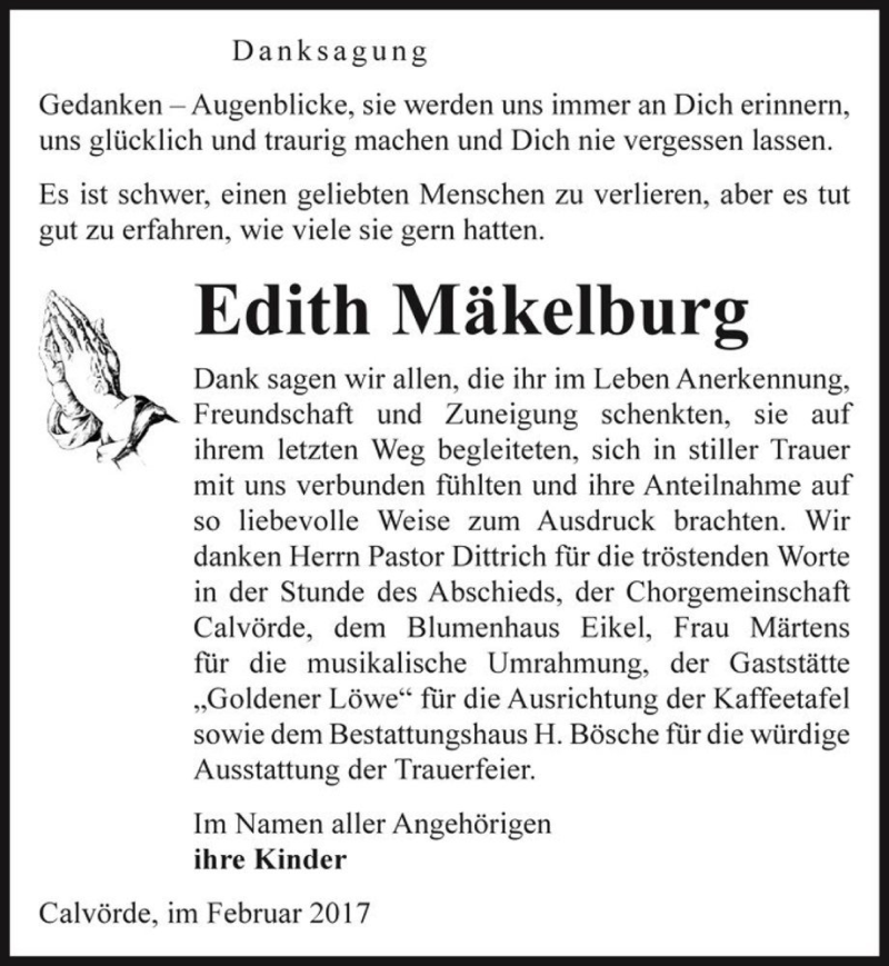  Traueranzeige für Edith Mäkelburg  vom 28.02.2017 aus Magdeburger Volksstimme