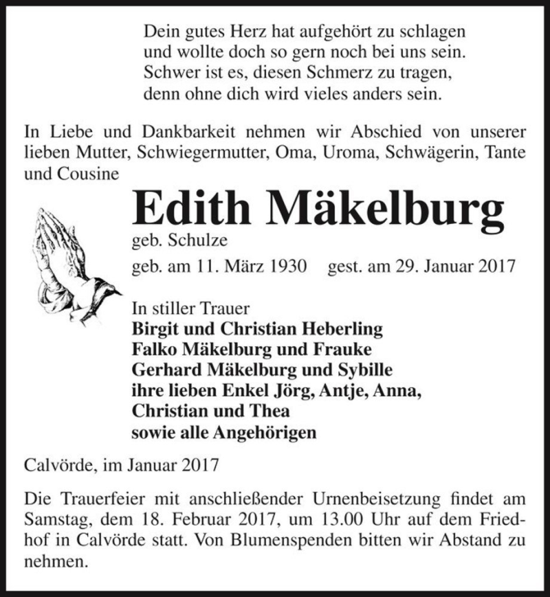  Traueranzeige für Edith Mäkelburg (geb. Schulze)  vom 01.02.2017 aus Magdeburger Volksstimme