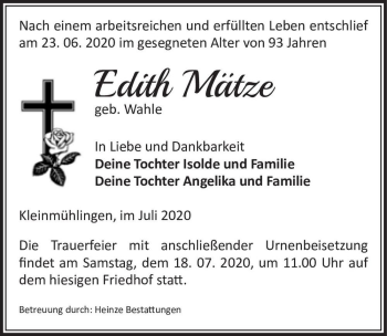 Traueranzeige von Edith Mätze (geb. Wahle)  von Magdeburger Volksstimme