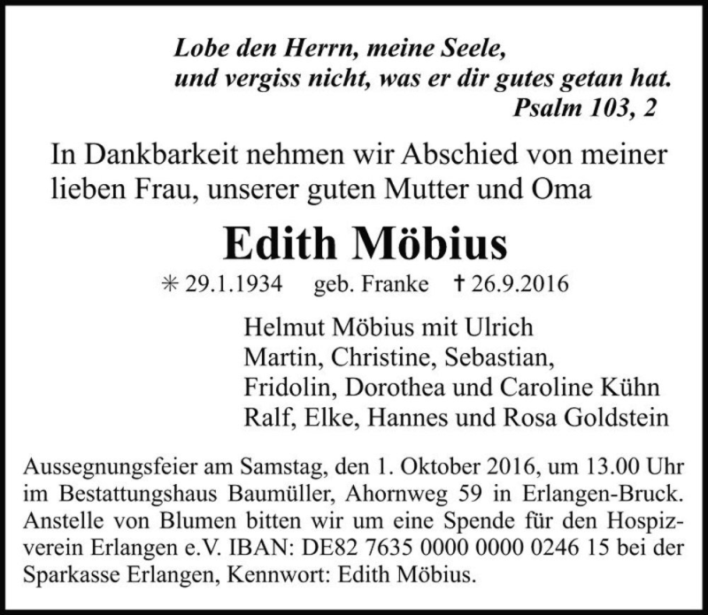  Traueranzeige für Edith Möbius (geb. Franke)  vom 29.09.2016 aus Magdeburger Volksstimme