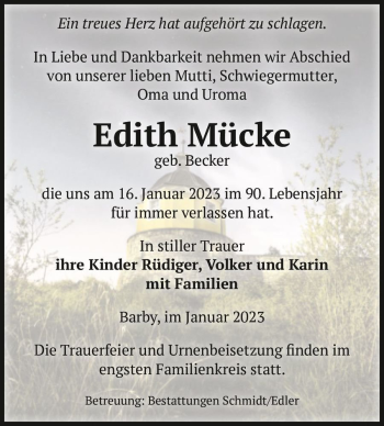 Traueranzeige von Edith Mücke (geb. Becker)  von Magdeburger Volksstimme