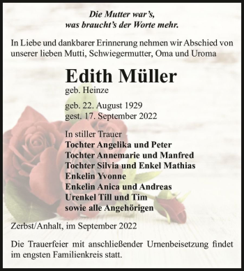 Traueranzeige von Edith Müller (geb. Heinze)  von Magdeburger Volksstimme
