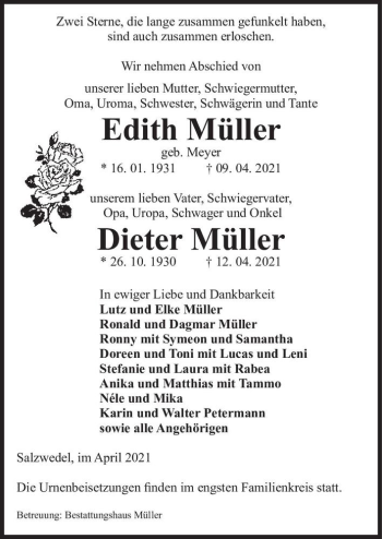 Traueranzeige von Edith Müller (geb. Meyer) und Dieter Müller  von Magdeburger Volksstimme