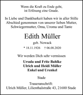 Traueranzeige von Edith Müller (geb. Nowack)  von Magdeburger Volksstimme
