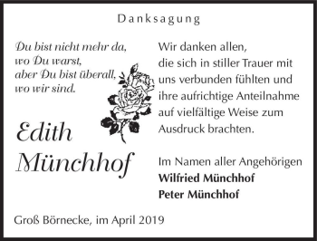Traueranzeige von Edith Münchhof  von Magdeburger Volksstimme