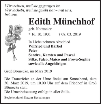 Traueranzeige von Edith Münchhof (geb. Nottmeier)  von Magdeburger Volksstimme