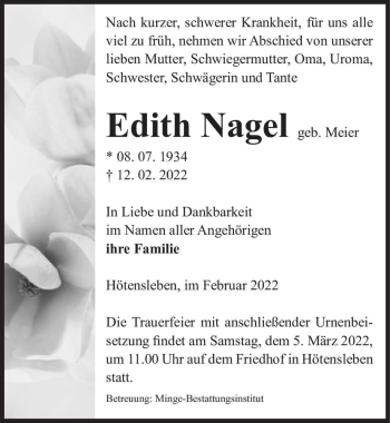 Traueranzeige von Edith Nagel  von Magdeburger Volksstimme