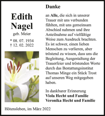 Traueranzeige von Edith Nagel (geb. Meier)  von Magdeburger Volksstimme