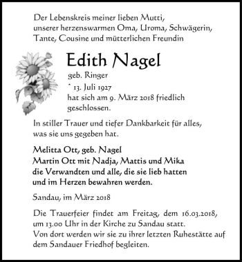 Traueranzeige von Edith Nagel (geb. Ringer)  von Magdeburger Volksstimme