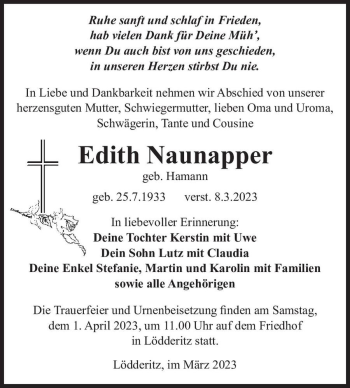 Traueranzeige von Edith Naunapper (geb. Hamann)  von Magdeburger Volksstimme