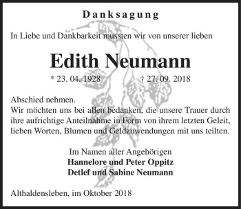 Traueranzeige von Edith Neumann  von Magdeburger Volksstimme