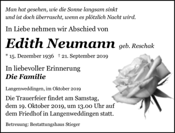 Traueranzeige von Edith Neumann (geb. Reschak)  von Magdeburger Volksstimme