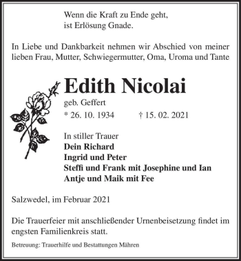 Traueranzeige von Edith Nicolai (geb. Geffert)  von Magdeburger Volksstimme