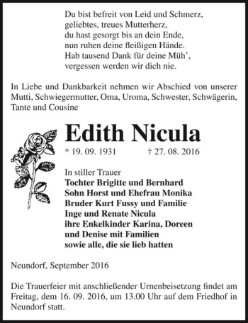 Traueranzeige von Edith Nicula  von Magdeburger Volksstimme