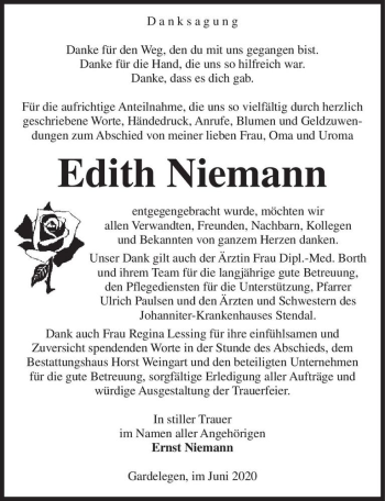 Traueranzeige von Edith Niemann  von Magdeburger Volksstimme